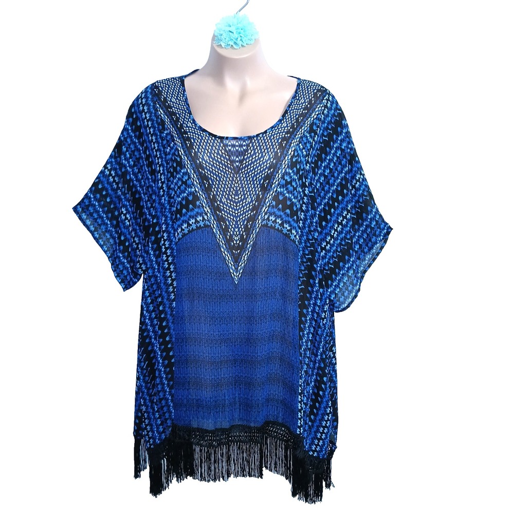 Catherines Women Fringe Tunic Top 4X 5X Blue Geometric Bohemian Sheer Coverup